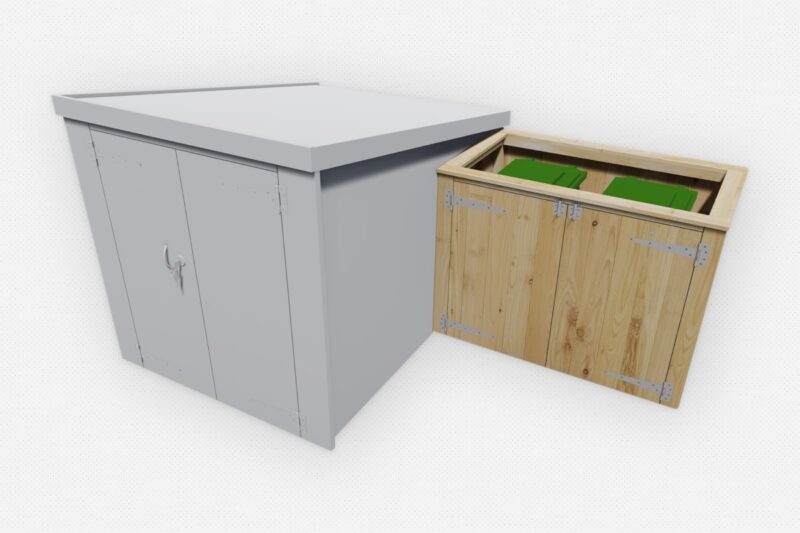 Bin storage add-on with the roof open, fitted alongside a Slot-In Bike Shed