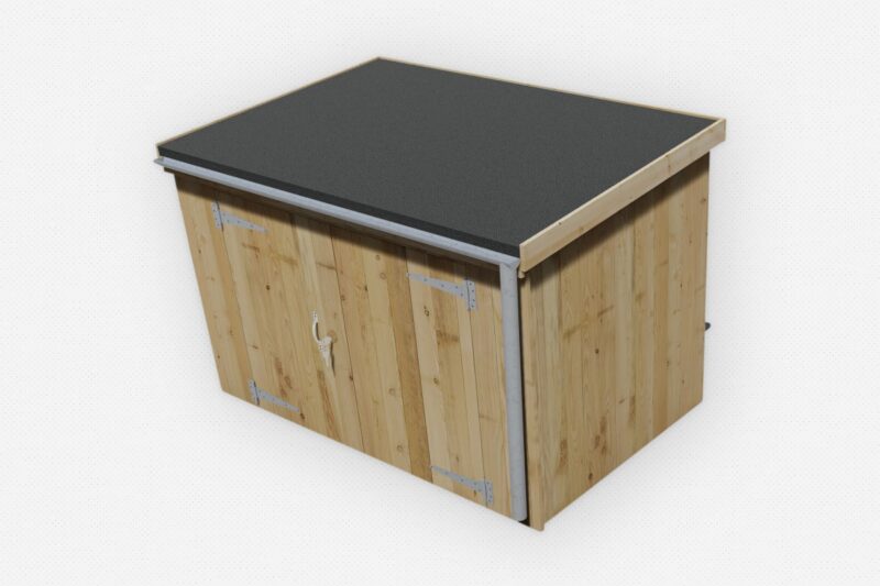 Reverse pitch roof add-on fitted to a bike shed
