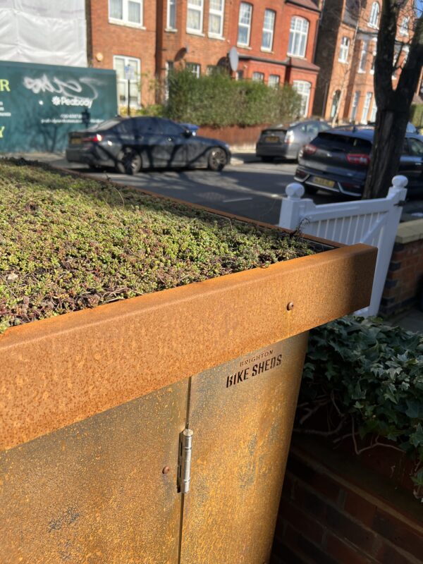 Living green roof planted with greenery on a bike shed